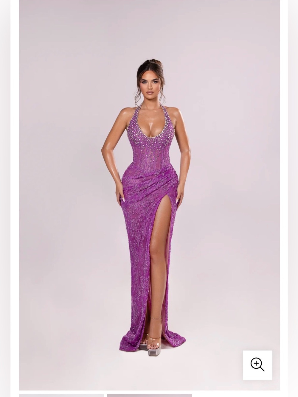 Beaded Purple Halter Prom Gown with High Side Slit